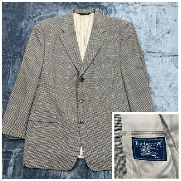 Vtg‎ Burberry Houndstooth Windowpane Check 42S Virgin Wool Blazer Sport Coat
